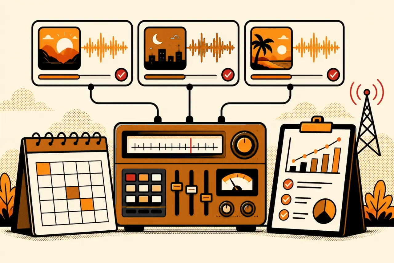 Programmazione radiofonica con calendario, passaggi e report