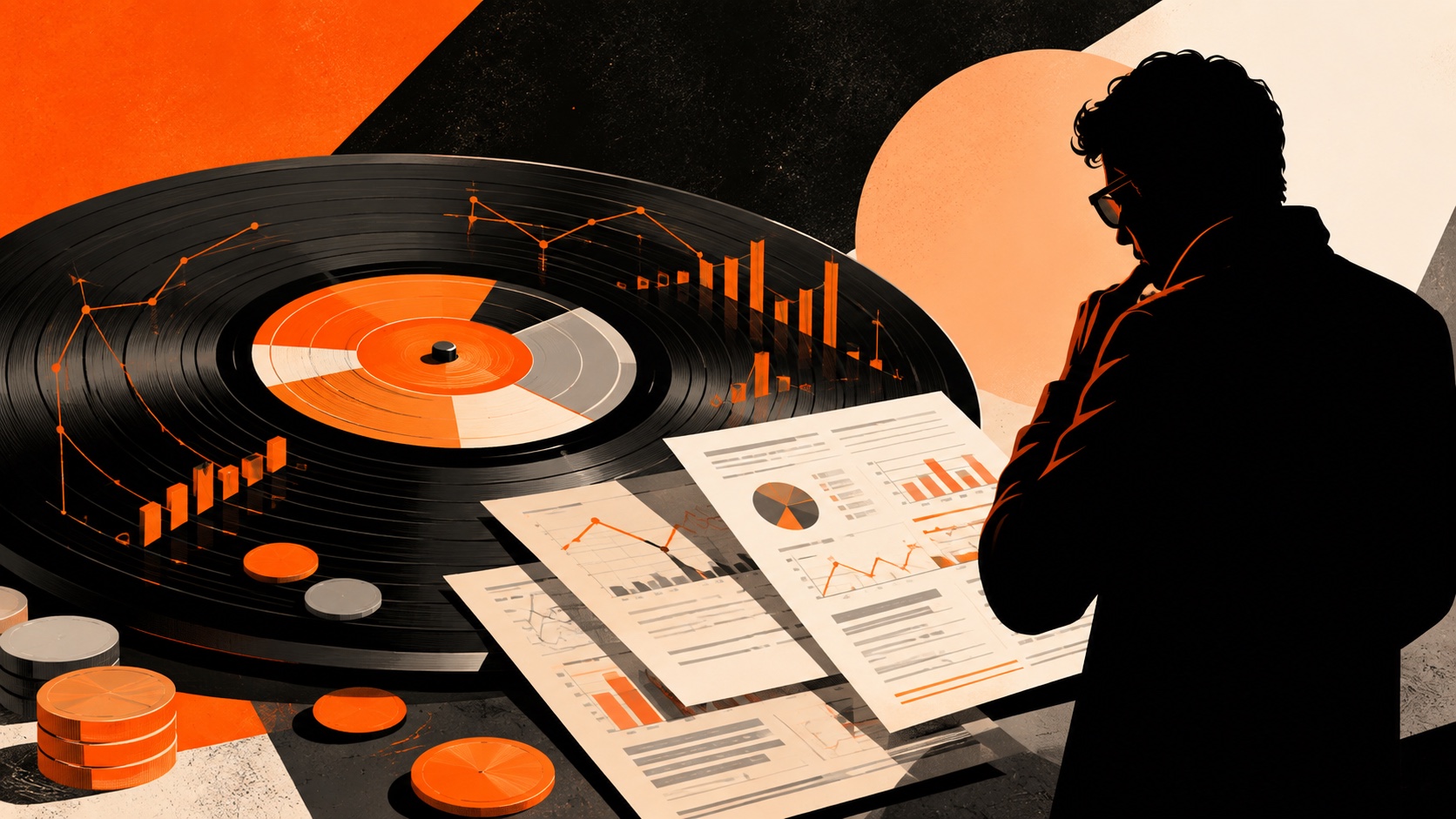 Promoter che analizza rendiconti e grafici accanto a un grande disco in vinile